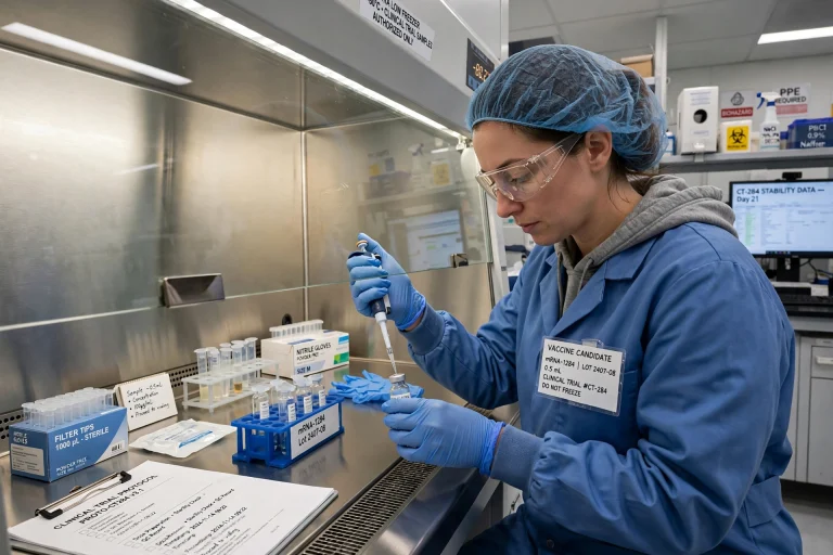 A Vaccine Made for One Patient at a Time: NeoVax Explained Simply Scientist preparing a personalised vaccine dose in a laboratory