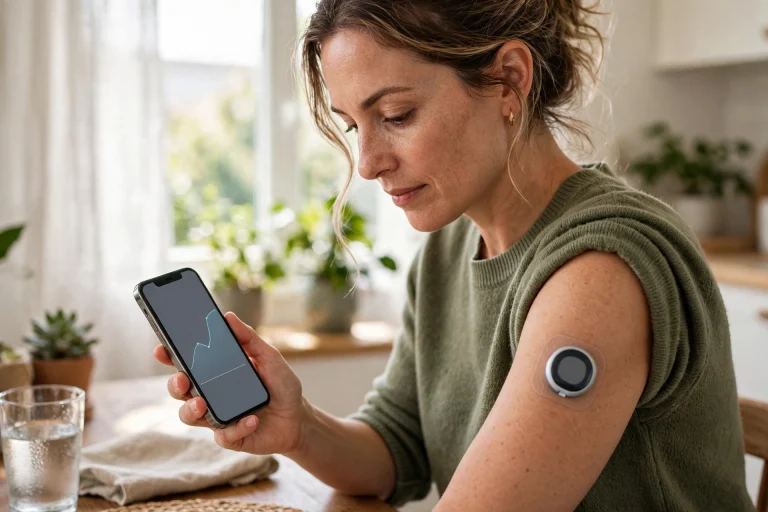 Adult with type 2 diabetes wearing a continuous glucose monitor